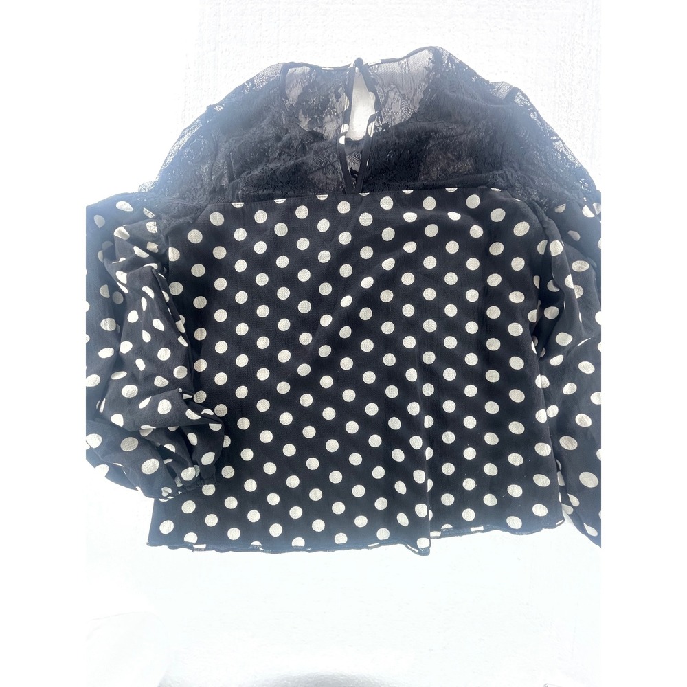 H&M Polka Dot Blouse Lace Trim Long Sleeve Top Black White‎ Women's S